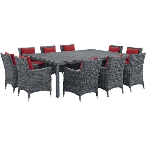 Summon 11 Piece Outdoor Sunbrella&reg; Dining Set in Gray Rattan & Red