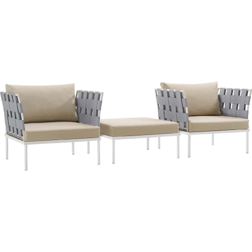 Harmony 3 Piece Outdoor Arm Chair Set in White w/ Beige Fabric