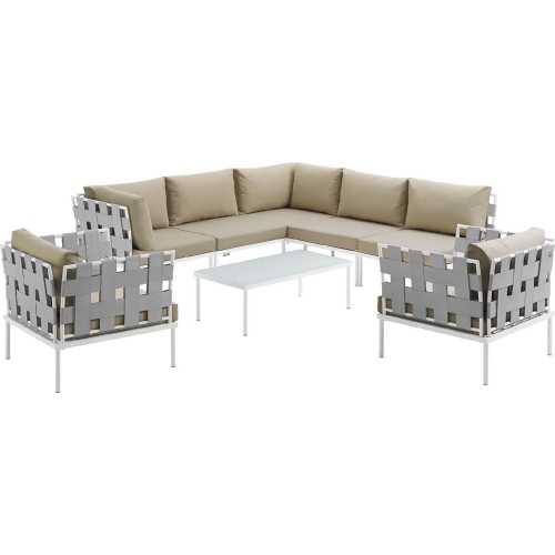 Harmony 8 Piece Outdoor Sectional Sofa Set in White w/ Beige Fabric