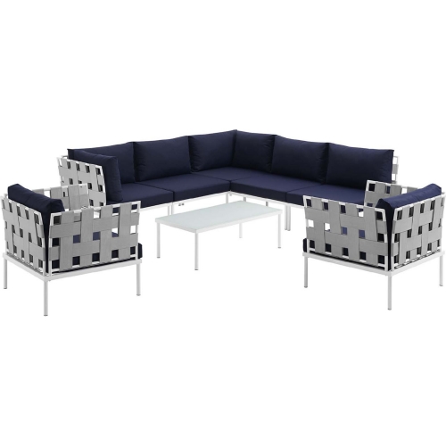 Harmony 8 Piece Outdoor Sectional Sofa Set in White w/ Navy Blue Fabric