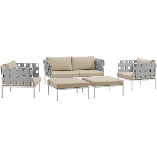 Harmony 5 Piece Outdoor Loveseat Set in White w/ Beige Fabric