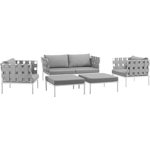 Harmony 5 Piece Outdoor Loveseat Set in White w/ Gray Fabric