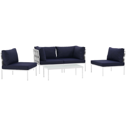 Harmony 5 Piece Outdoor Sectional Sofa Set in White w/ Navy Blue Fabric