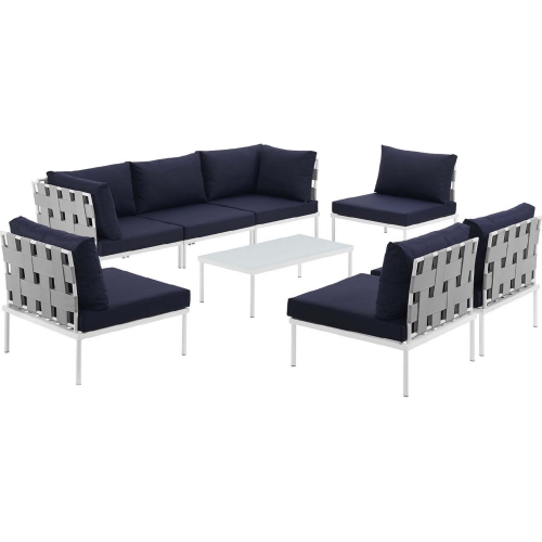 Harmony 8 Piece Outdoor Sectional Sofa Set in White w/ Navy Blue Fabric