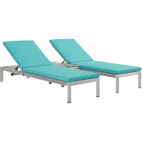 Shore 3 Piece Outdoor Aluminum Chaise Set w/ Turquoise Cushions