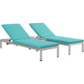 Shore 3 Piece Outdoor Aluminum Chaise Set w/ Turquoise Cushions