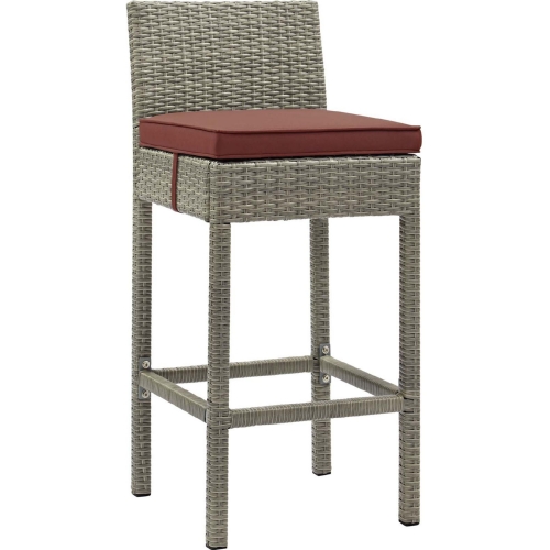 Conduit Outdoor Patio Bar Stool in Grey Rattan & Currant Fabric