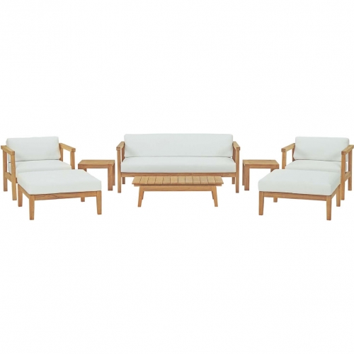 Bayport 8 Piece Outdoor Loveseat Set in Teak & White Fabric