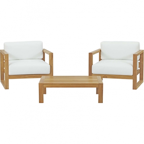 Upland Outdoor 3 Piece Arm Chair Set in Teak w/ White Fabric