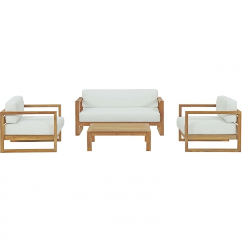 Upland Outdoor 4 Piece Sofa Set in Teak w/ White Fabric