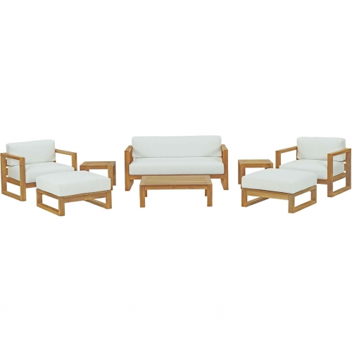 Upland Outdoor 8 Piece Sofa Set in Teak w/ White Fabric