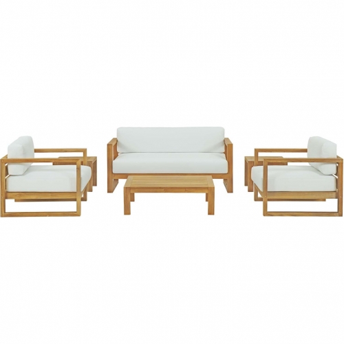 Upland Outdoor 6 Piece Sofa Set in Teak w/ White Fabric