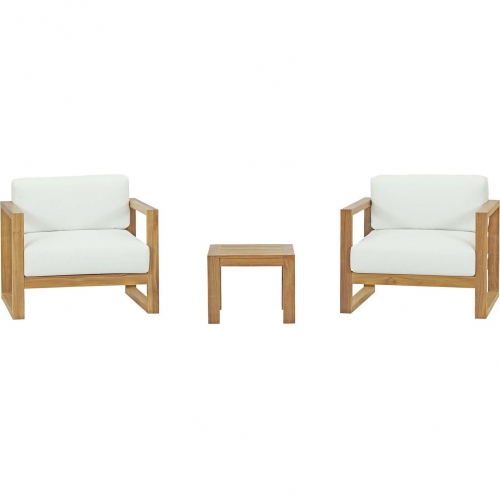 Upland Outdoor 3 Piece Arm Chair Set in Teak w/ White Fabric