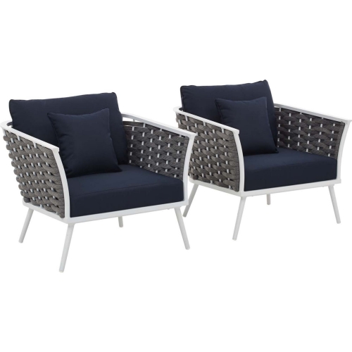 Stance Outdoor Arm Chair in White w/ Navy Blue Fabric (Set of 2)