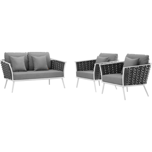 Stance Outdoor Loveseat & 2 Arm Chair Set in White w/ Gray Fabric