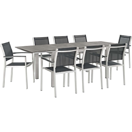 Shore 9 Piece Outdoor Dining Set in Aluminum w/ Black Mesh