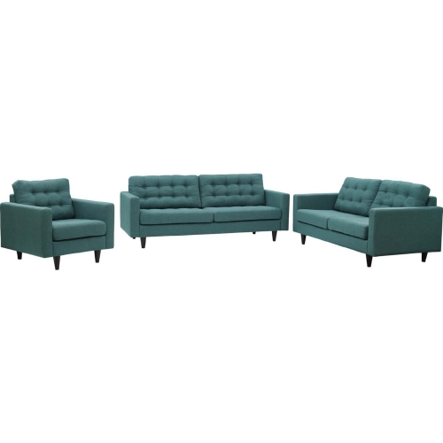 Empress Sofa, Loveseat & Arm Chair Set in Tufted Teal Fabric