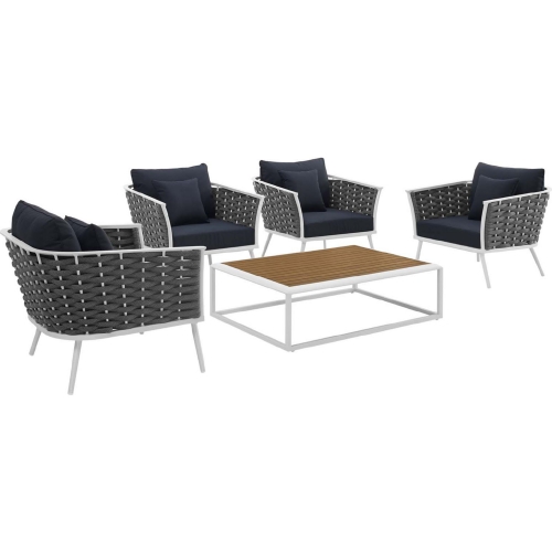 Stance 5 Piece Outdoor Arm Chair Set in White w/ Navy Blue Fabric