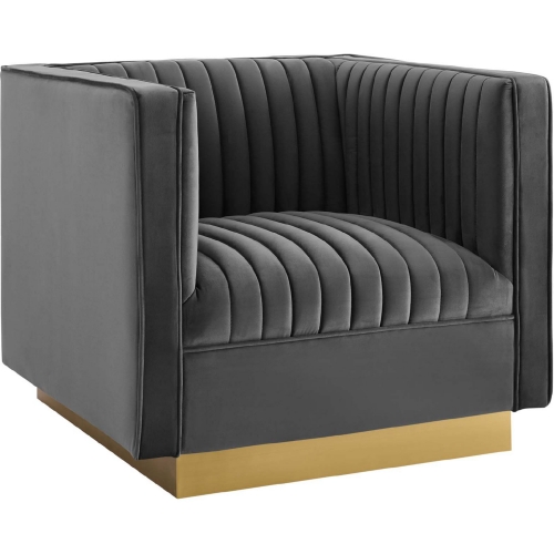 Sanguine Arm Chair in Channel Tufted Gray Velvet & Gold Stainless