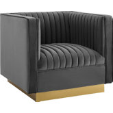 Sanguine Arm Chair in Channel Tufted Gray Velvet & Gold Stainless