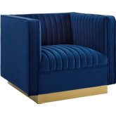 Sanguine Arm Chair in Channel Tufted Navy Blue Velvet & Gold Stainless