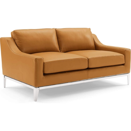 Harness Loveseat in Tan Leather & Polished Stainless Steel