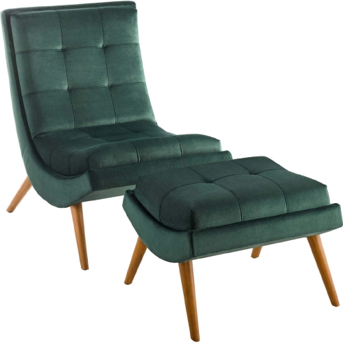 Ramp Armless Lounge Chair & Ottoman in Tufted Green Velvet