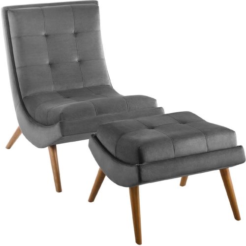 Ramp Armless Lounge Chair & Ottoman in Tufted Gray Velvet