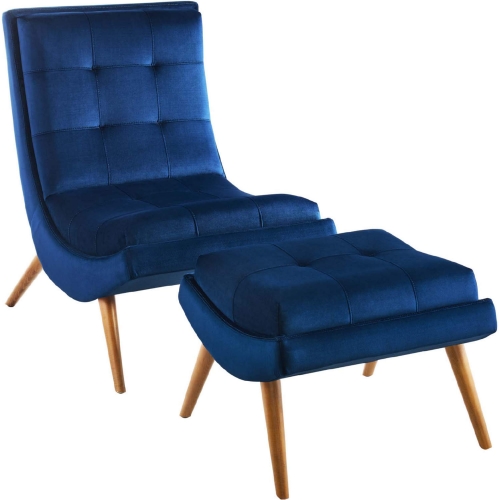 Ramp Armless Lounge Chair & Ottoman in Tufted Navy Blue Velvet