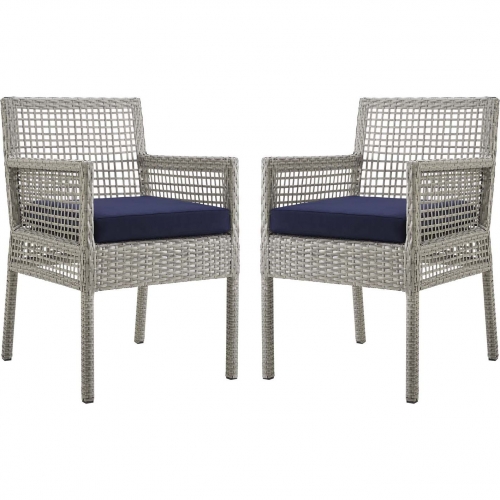 Aura Outdoor Dining Arm Chair in Gray Poly Rattan & Navy Fabric (Set of 2)