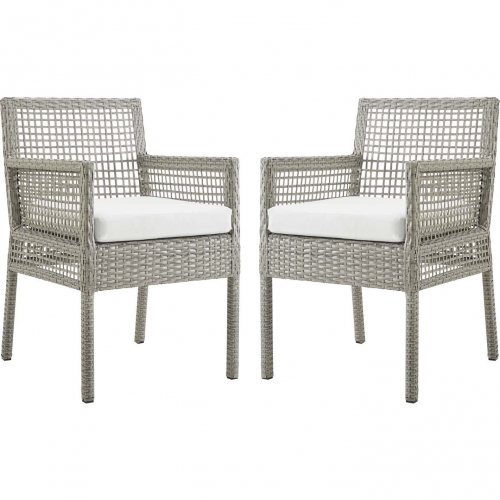 Aura Outdoor Dining Arm Chair in Gray Poly Rattan & White Fabric (Set of 2)