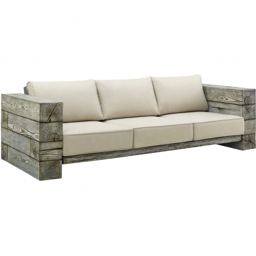 Manteo Outdoor Sofa in Faux Driftwood & Beige Fabric