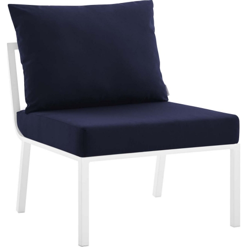 Riverside Outdoor Armless Chair in White Metal & Navy Blue Fabric