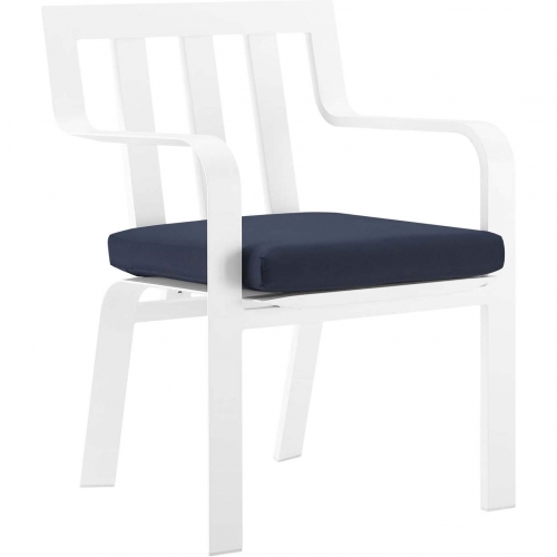 Baxley Outdoor Dining Arm Chair in White Metal & Navy Fabric