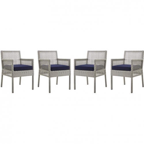 Aura Outdoor Wicker Rattan Dining Arm Chair in Navy Blue (Set of 4)