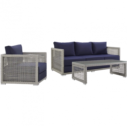 Aura 3 Piece Outdoor Wicker Rattan Sofa Set in Navy Blue