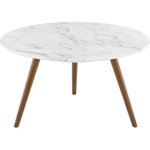 Lippa 28" Coffee Table w/ Tripod Base in White Faux Marble & Walnut