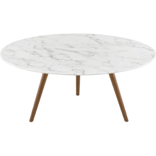 Lippa 36" Coffee Table w/ Tripod in White Faux Marble & Walnut