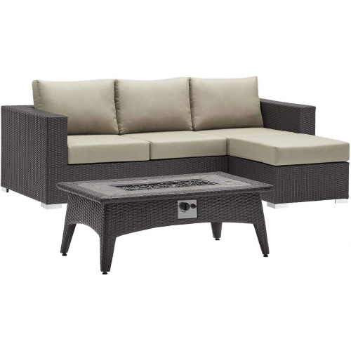 Convene 3 Piece Outdoor Sofa Set w/ Fire Pit in Espresso & Beige