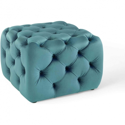 Anthem Ottoman in Tufted Sea Blue Velvet