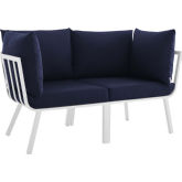 Riverside Outdoor 2 Piece Modular Sofa Set in White Metal & Navy Fabric