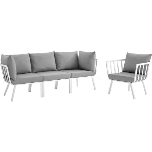 Riverside Outdoor 4 Piece Modular Sofa Set in White Metal & Gray Fabric