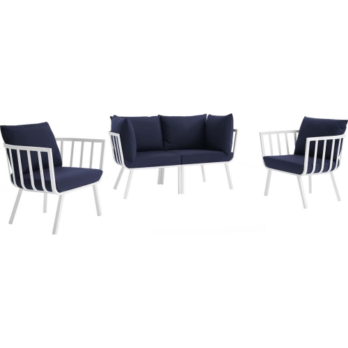 Riverside Outdoor 4 Piece Sofa Set in White Metal & Navy Fabric