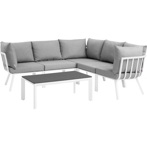 Riverside Outdoor 6 Piece Modular Sofa Set in White Metal & Gray Fabric