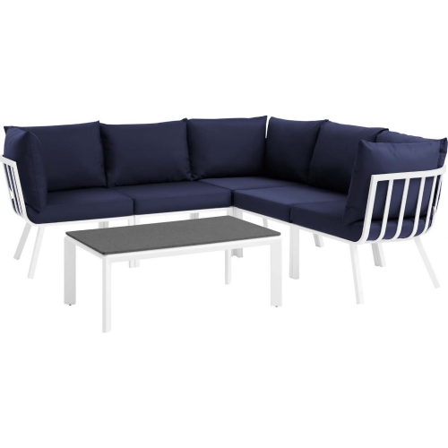 Riverside Outdoor 6 Piece Modular Sofa Set in White Metal & Navy Fabric