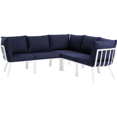 Riverside Outdoor 5 Piece Modular Sofa in White Metal & Navy Fabric