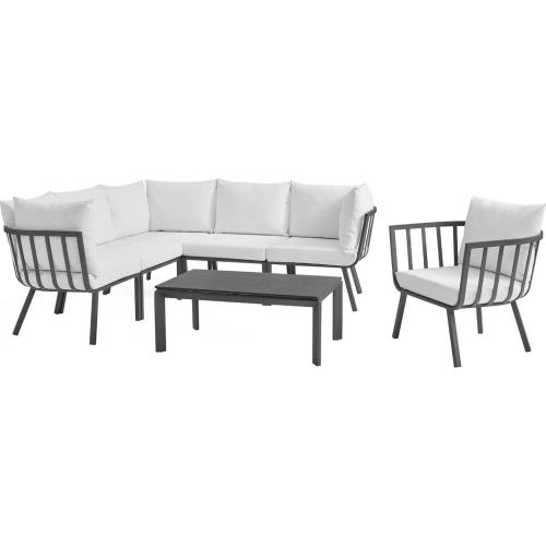 Riverside Outdoor 7 Piece Modular Sofa Set in Gray Metal & White Fabric