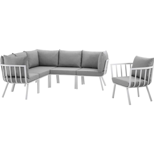 Riverside Outdoor 6 Piece Modular Sofa Set in White Metal & Gray Fabric