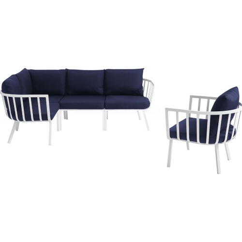 Riverside Outdoor 5 Piece Modular Sofa Set in White Metal & Navy Fabric