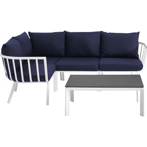 Riverside Outdoor 5 Piece Modular Sofa Set in White Metal & Navy Fabric